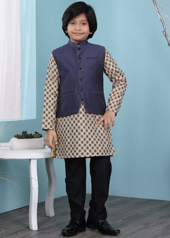 Beige Printed Readymade Kurta Pyjama With Nehru Jacket