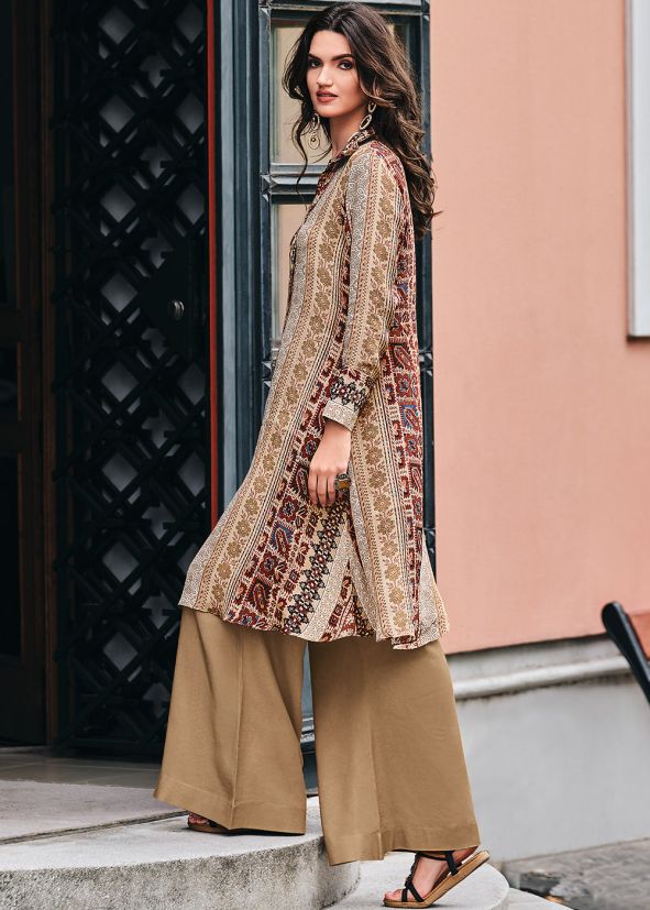 Brown Digital Printed Co-Ord Set In Cotton Silk