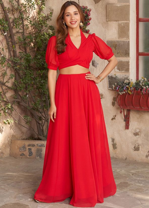 Red Readymade Skirt Set In Georgette