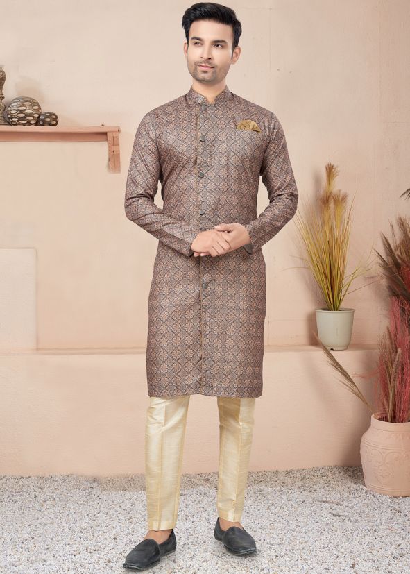 Brown Readymade Printed Indo Western Cotton Sherwani 