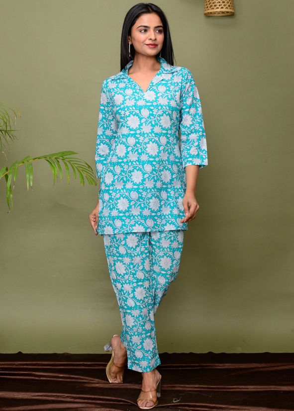 Turquoise Digital Printed Readymade Co-Ord Set 