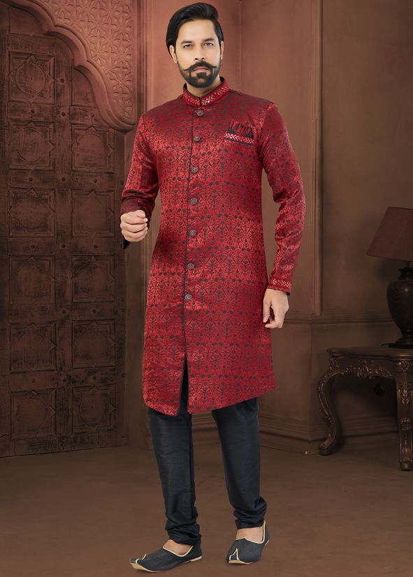 Red Woven Indo Western Sherwani Set