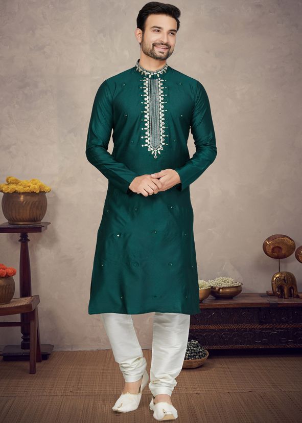 Teal Green Woven Mens Kurta Pajama