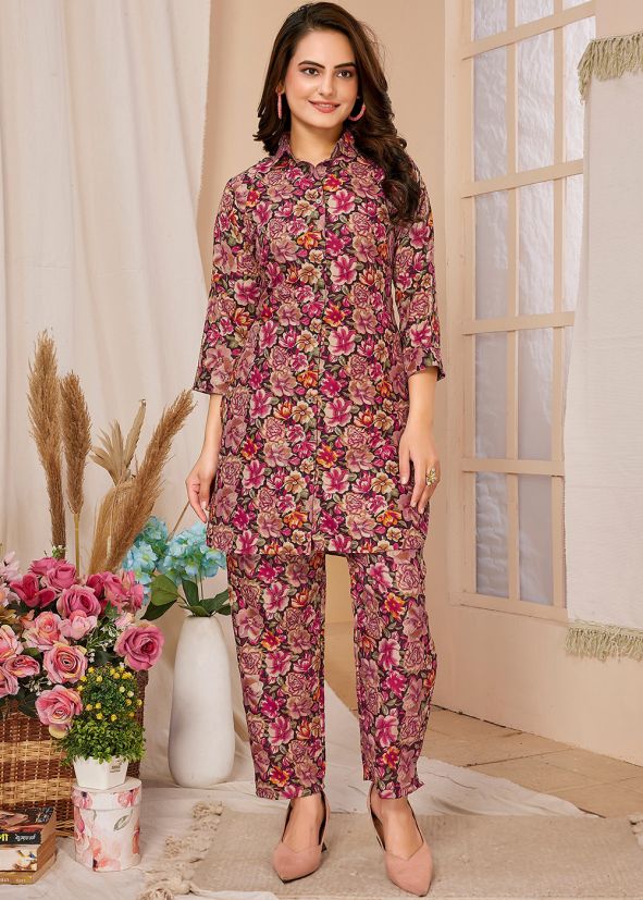 Multicolor Readymade Rayon Co-Ord Set In Digital Print