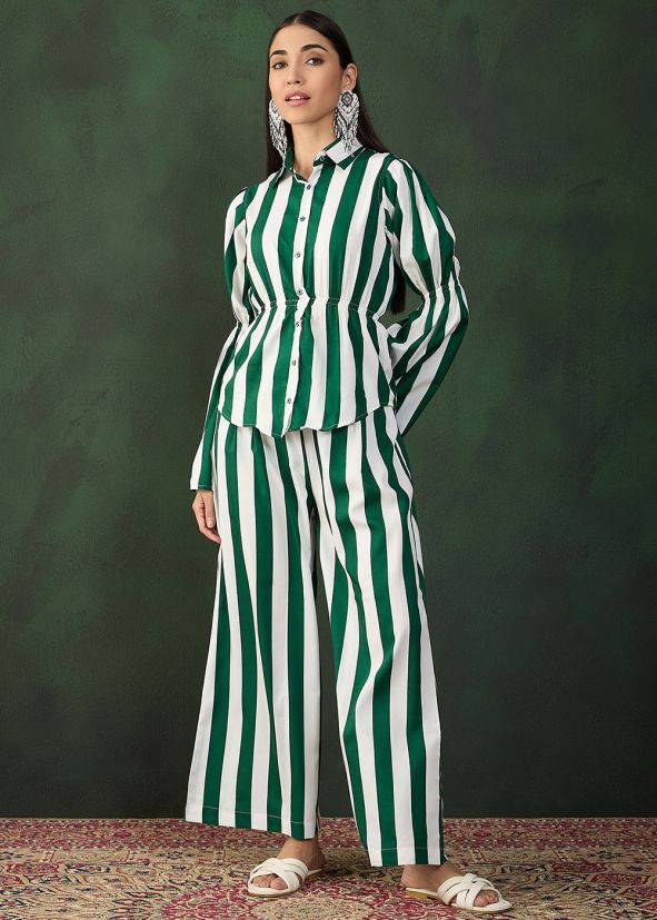 White Stripes Printed Readymade Co- Ord Set In Crape