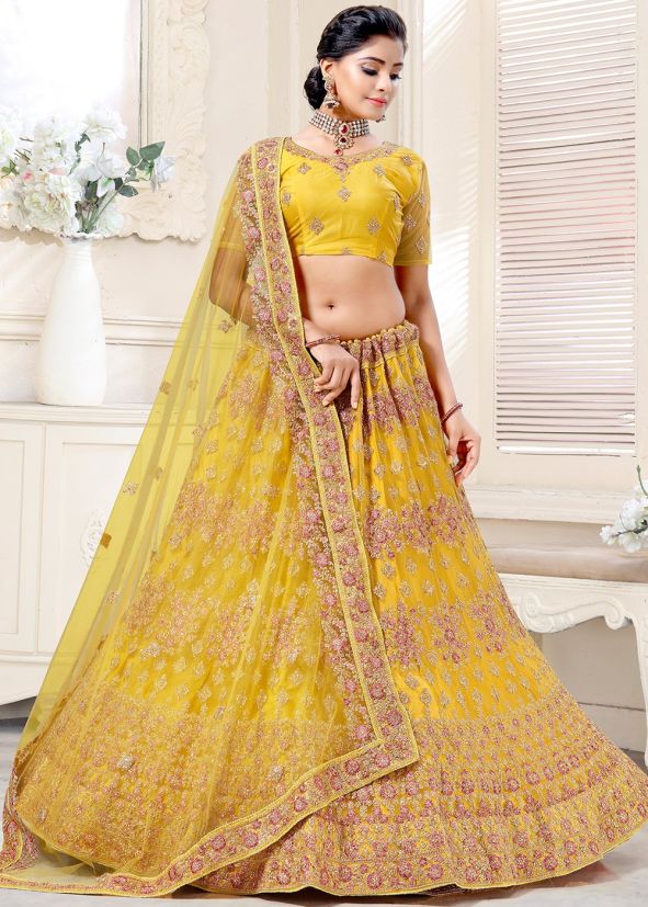 Yellow Thread Embroidered Lehenga Choli In Net