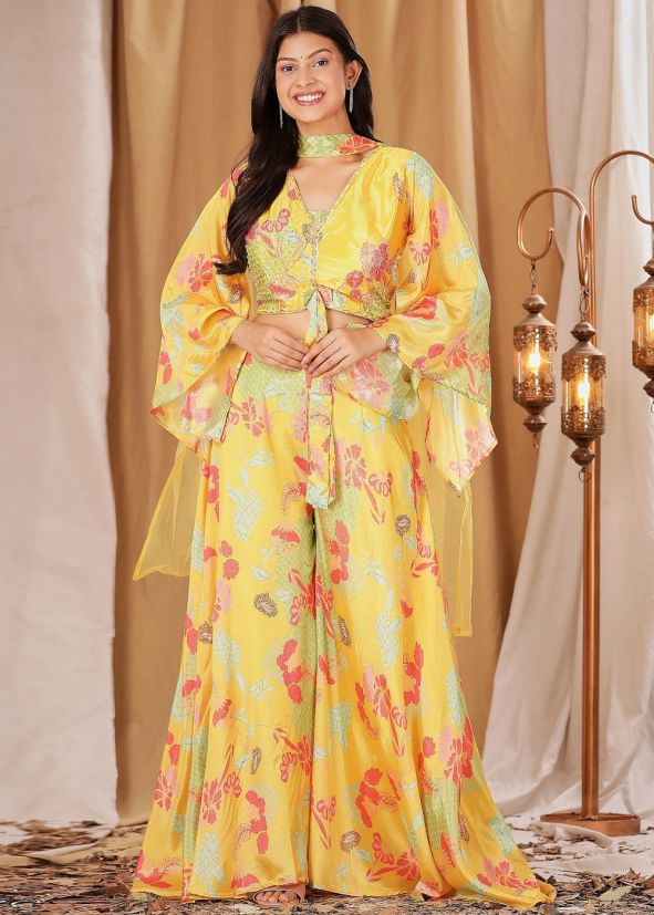 Yellow Readymade Printed Crape Crop Top With Palazzo