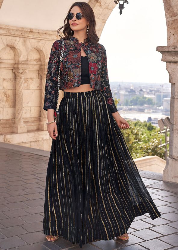 Black Chiffon Skirt Set With Embroidered Jacket
