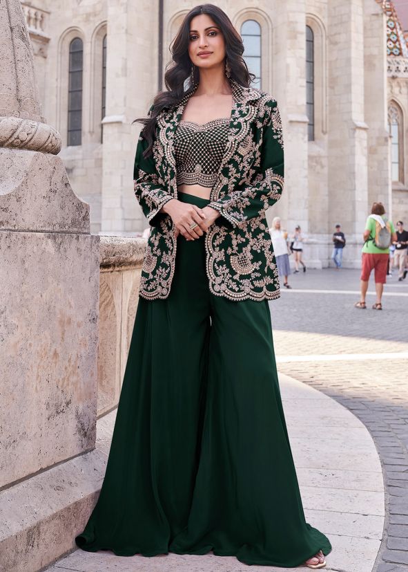Bottle Green Embroidered Jacket Style Top Bottom