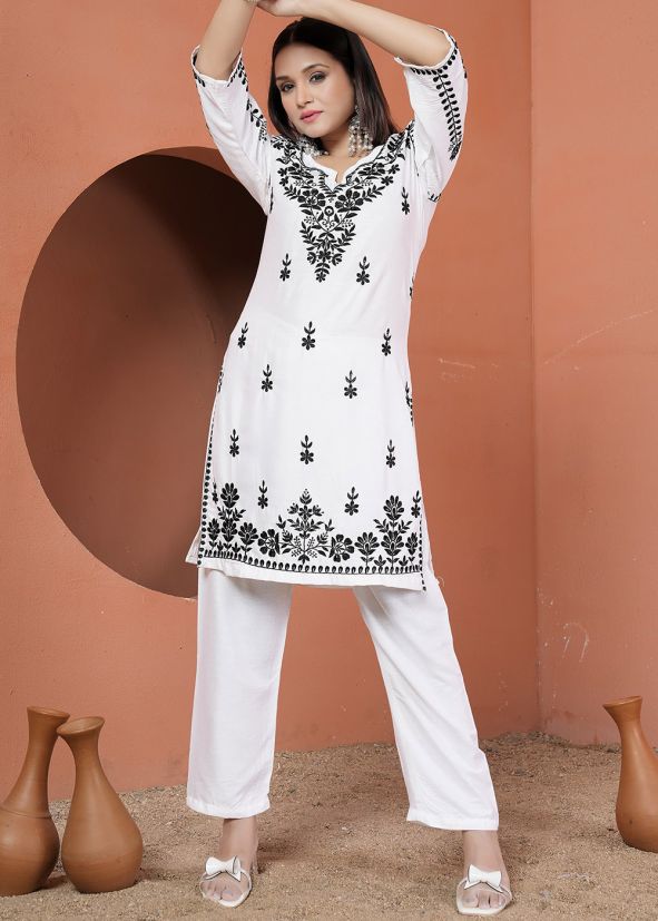 White Embroidered Rayon Kurta Set