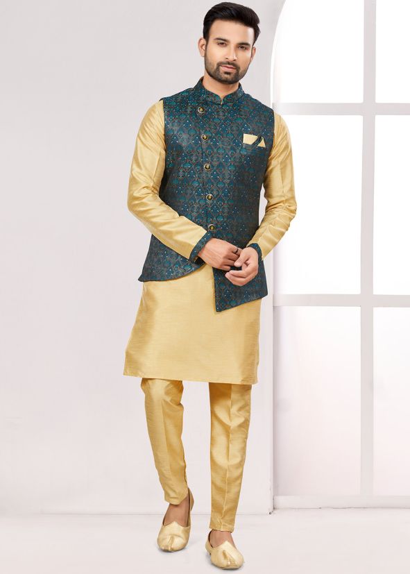 Golden Readymade Mens Nehru Jacket & Kurta Pajama In Dupion Silk