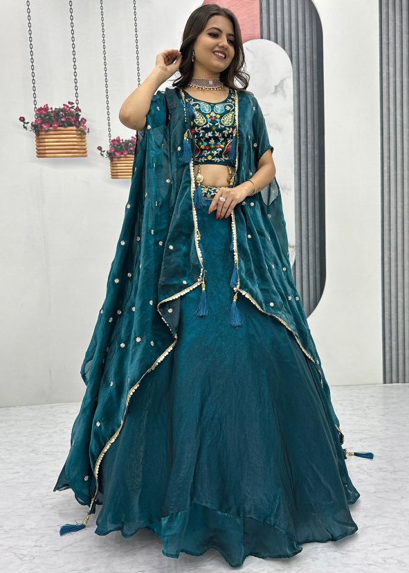 Teal Blue Embroidered Skirt Set Wit Jacket