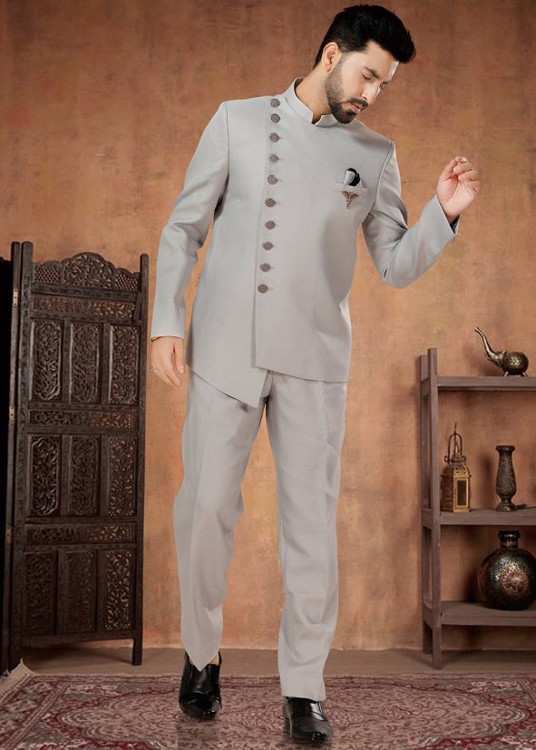 Readymade Mens Rayon Bandhgala Jodhpuri Suit In Grey
