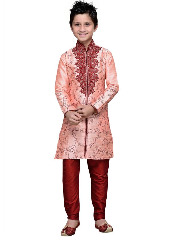 Readymade Light Pink Art Silk Kids Kurta Pajama