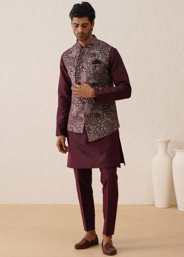 Wine Embroidered Kurta Pajama With Nehru Jacket