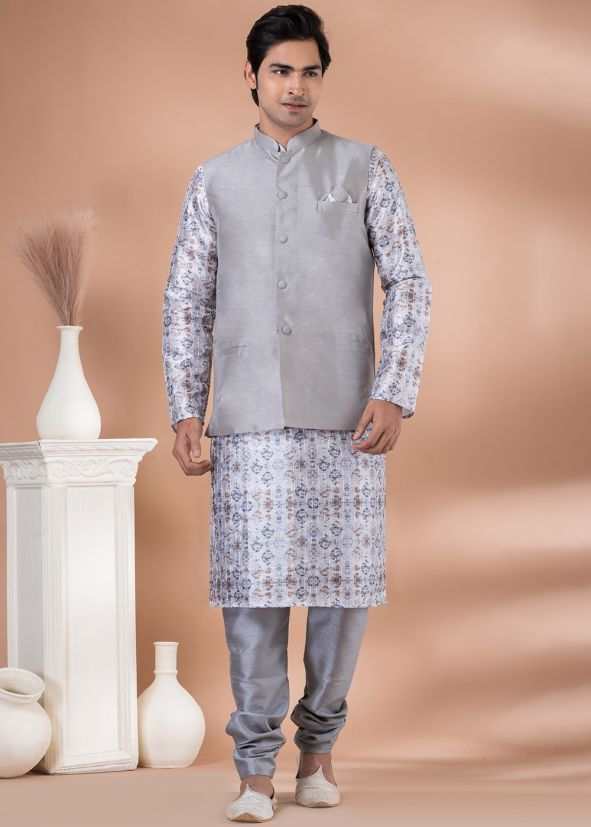 Gery Printed Kurta Pajama With Nehru Jacket