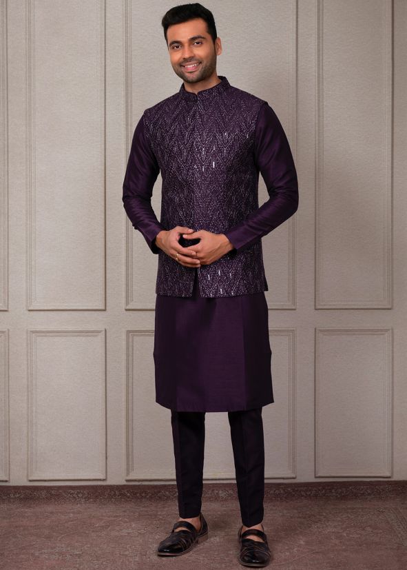 Purple Silk Kurta Pajama With Embroidered Jacket 