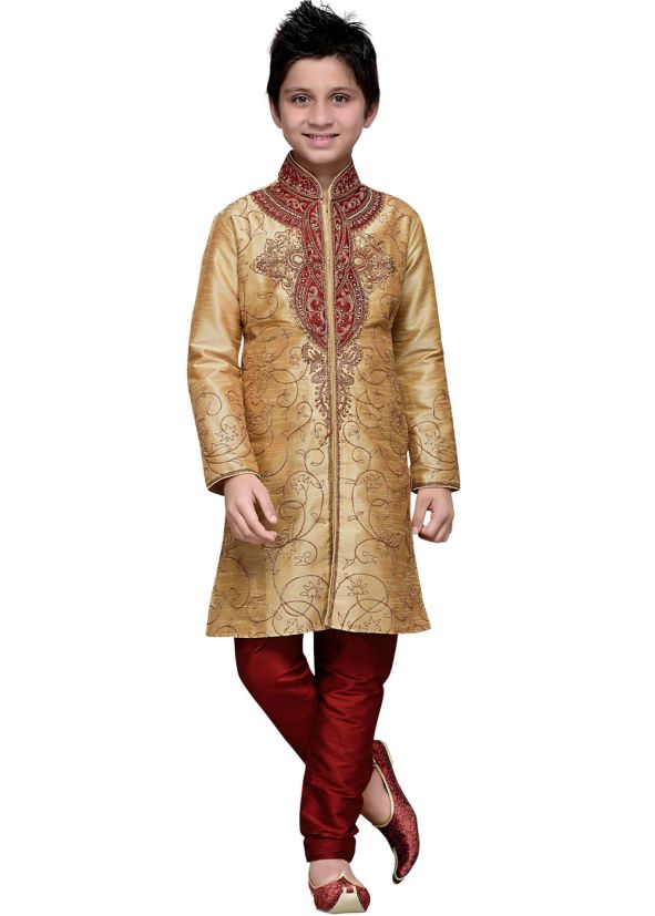 Readymade Beige Art Silk Kids Kurta Pajama