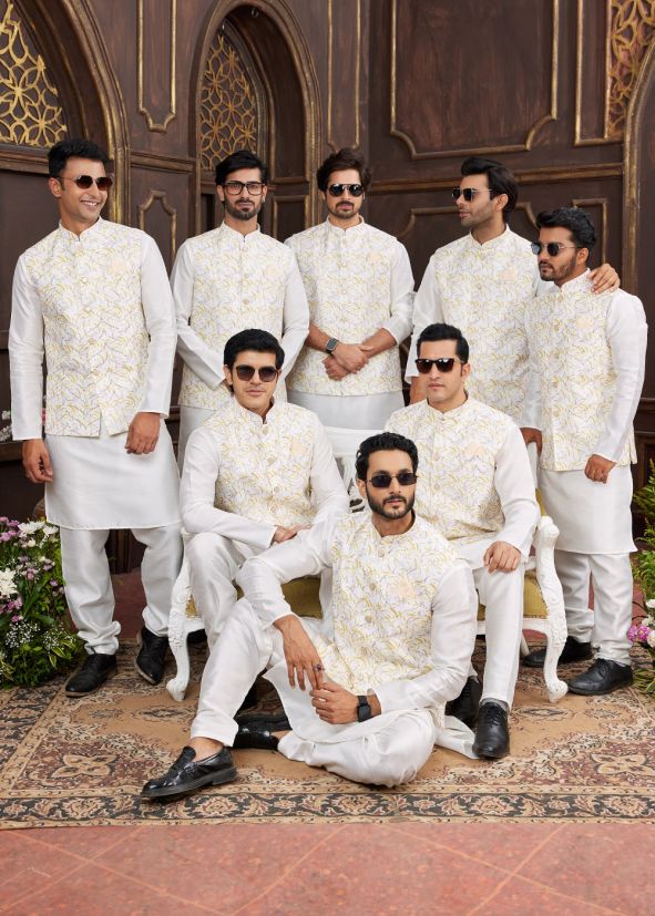 Cream Groomsmen Kurta Pajama With Nehru Jacket In Art Silk
