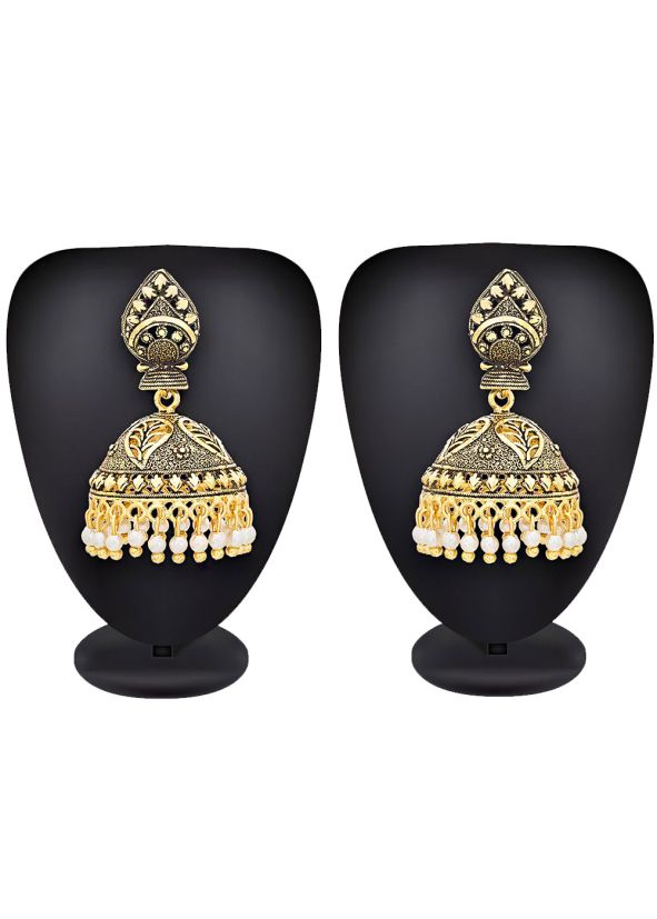 Oxidized Gold Beads Studded Jhumkas