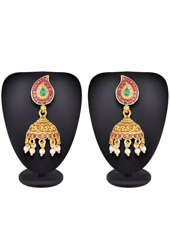 Golden Pink Stone Studded Indian Jhumka Online Shopping