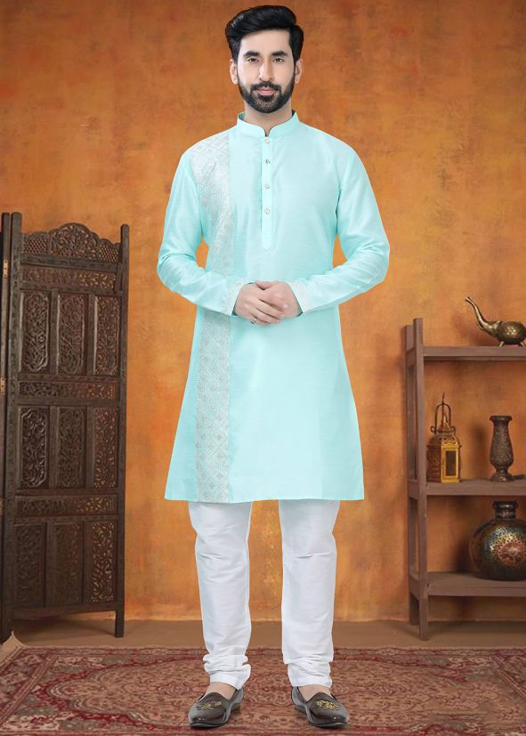 Turquoise Embroidered Kurta Pajama In Silk