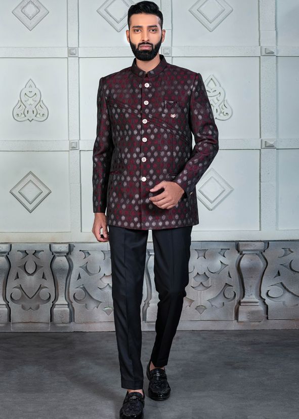 Wine Woven Work Bandhgala Jodhpuri Suit
