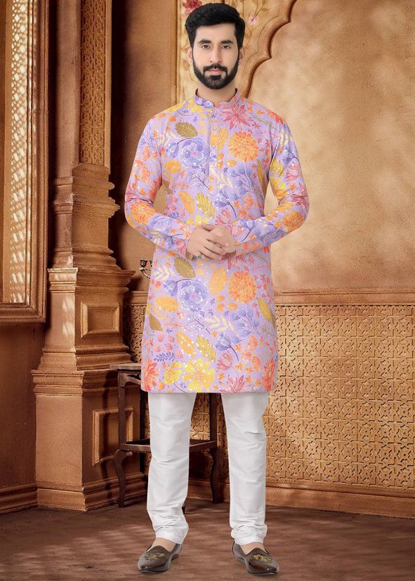 Purple Floral Print Kurta Set In Cotton