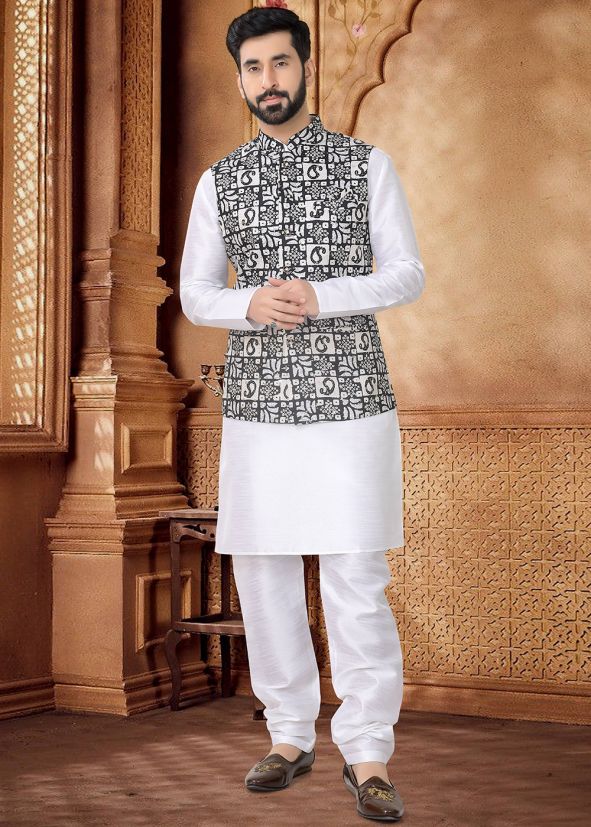 White Kurta Set With Foil Print Nehru Jacket
