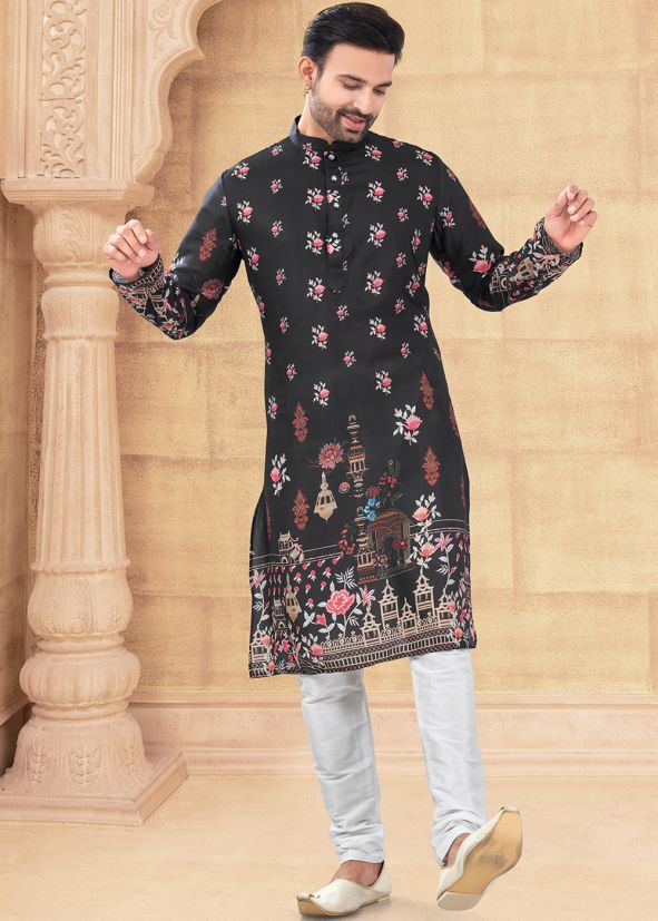 Black Readymade Digital Printed Men Kurta Pajama In Art Silk