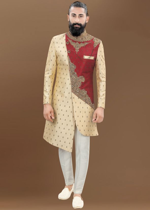 Cream Embroidered Indo Western Sherwani Set