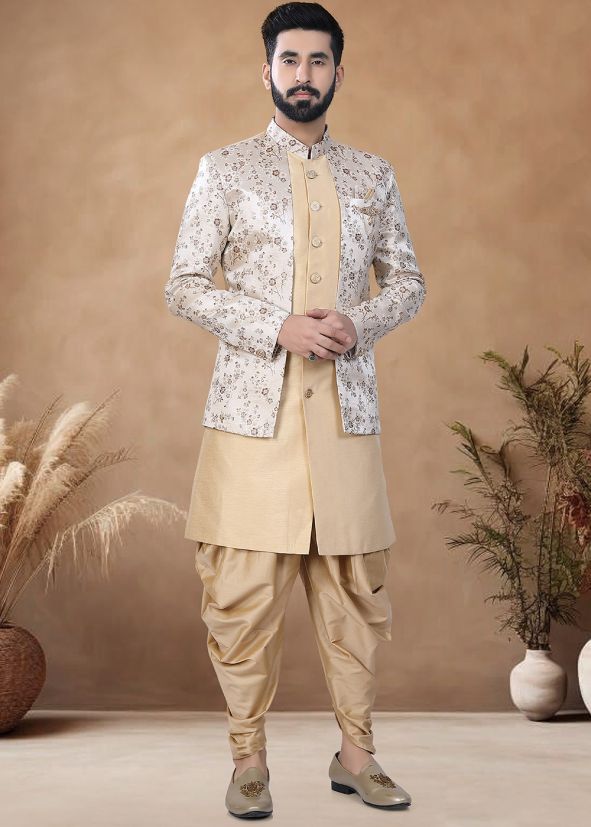 Cream Readymade Woven Men Indowestern Sherwani With Dhoti In Jacket Style