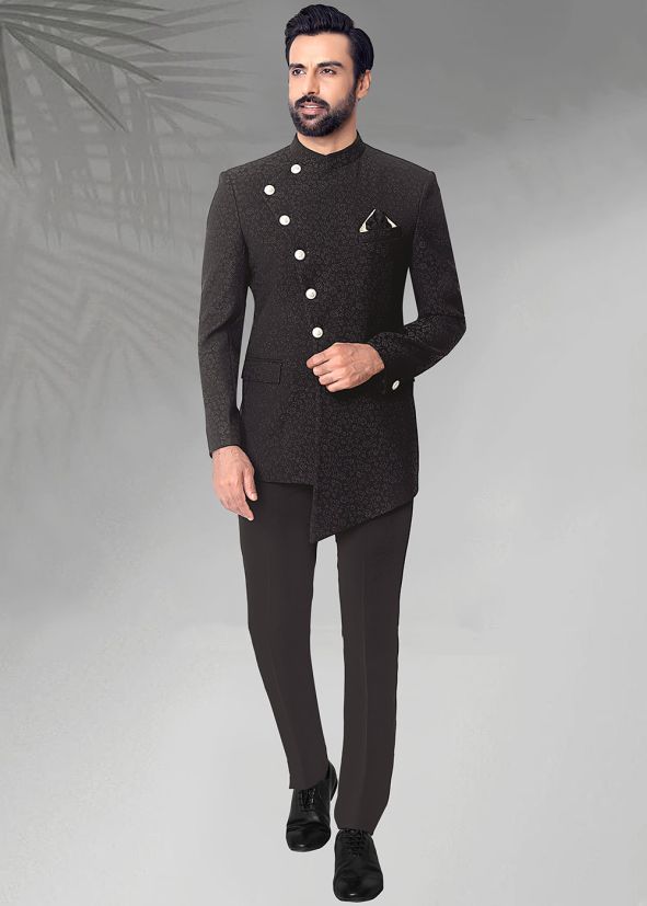 Black Woven Men Asymmetric Bandhgala Jodhpuri Suit