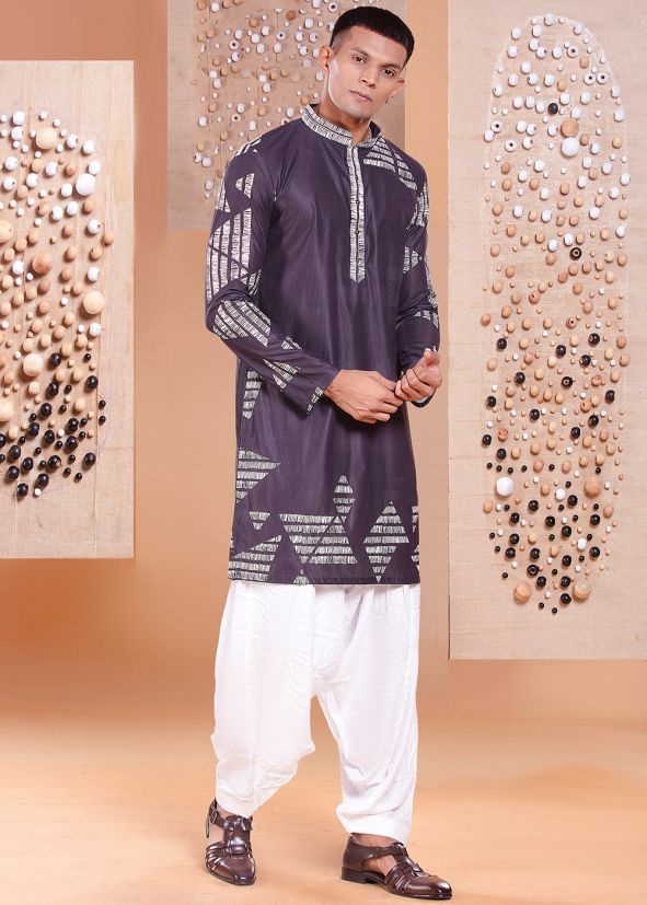 Readymade Men Grey Printed Dhoti Kurta Set