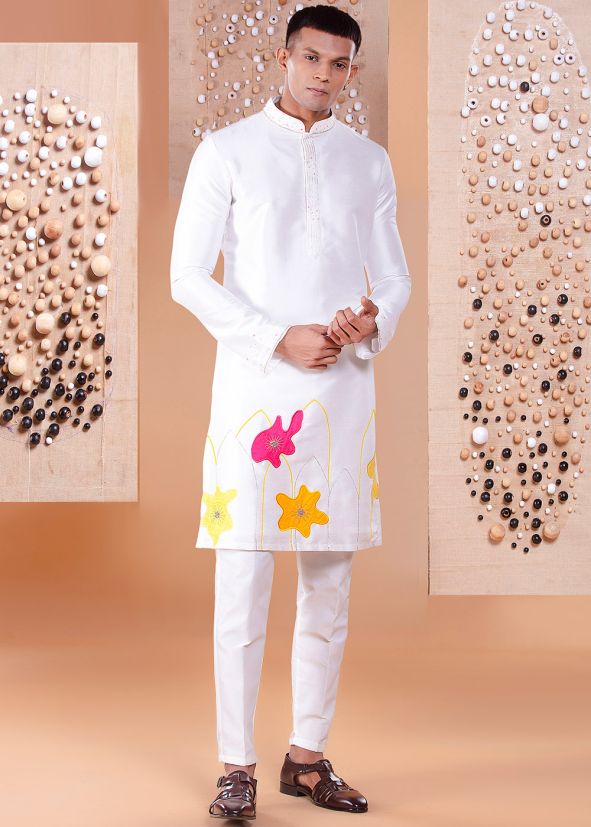 White Embroidered Readymade Kurta Pant In Silk