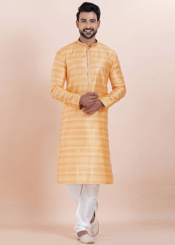 Yellow Zari Woven Men Kurta Pajama