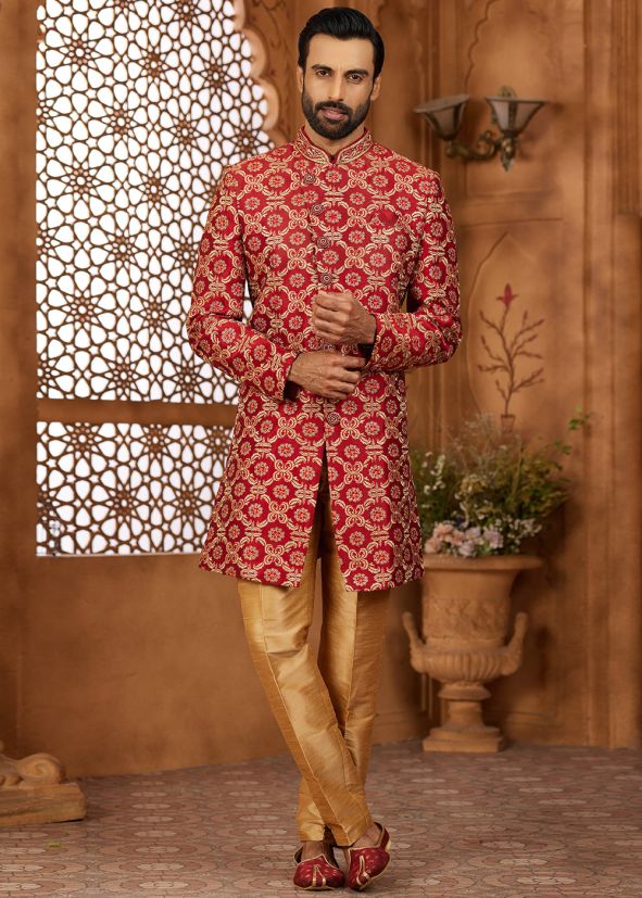 Maroon Embroidered Men Indo Western Sherwani