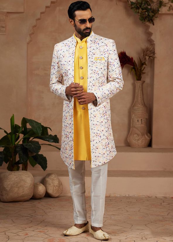Off White & Yellow Digital Print Indo Western Sherwani
