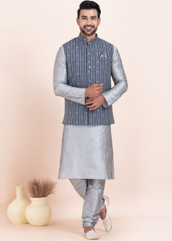 Grey Kurta Pajama With Nehru Jacket In Woven Work