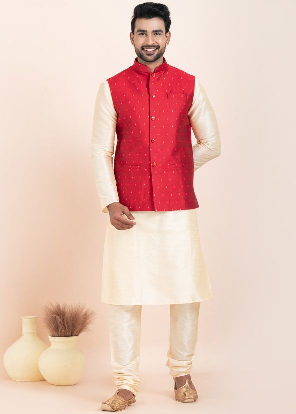 Cream Men Woven Kurta Pajama With Nehru Jacket