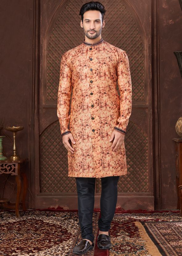Peach Woven Kurta Pajama In Jacquard