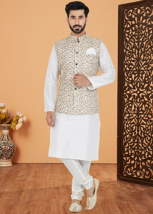 White Kurta Pajama With Printed Nehru Jacket