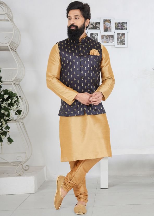 Brown Kurta Churidar With Printed Nehru Jacket