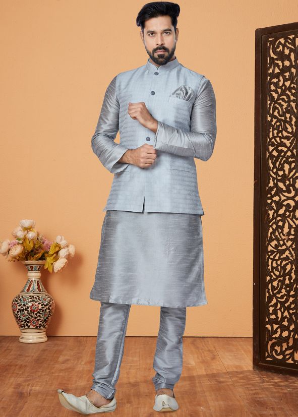 Grey Kurta Pajama Set With Woven Nehru Jacket