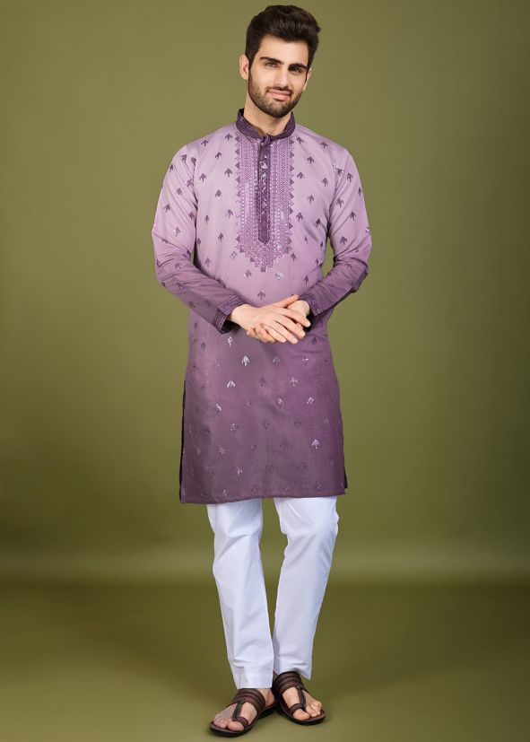 Readymade Shaded Purple Embroidered Men Kurta