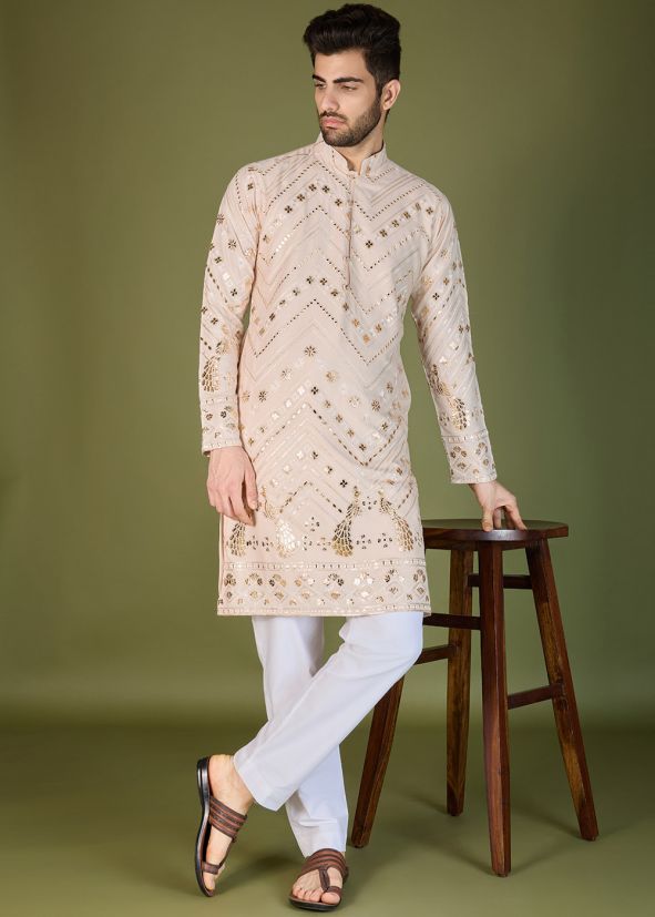 Peach Embroidered Men Kurta