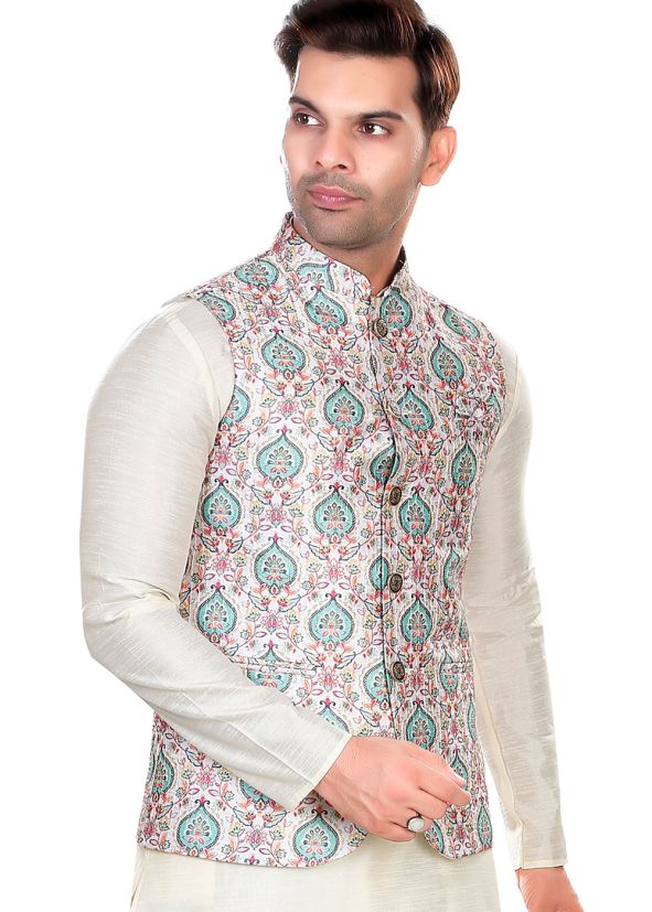 Multicolor Embroidered Men Nehru Jacket In Rayon