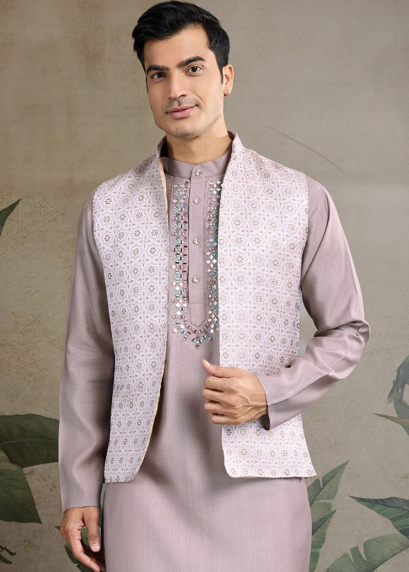 Grey Mirror Work Kurta With Nehru Jacket