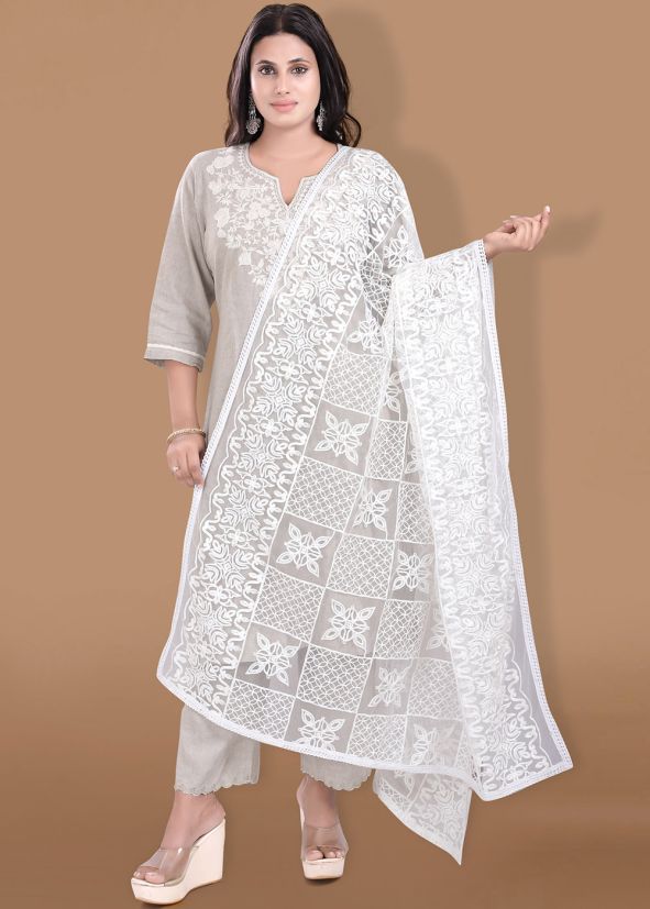 White Net Dupatta In Thread Embroidery