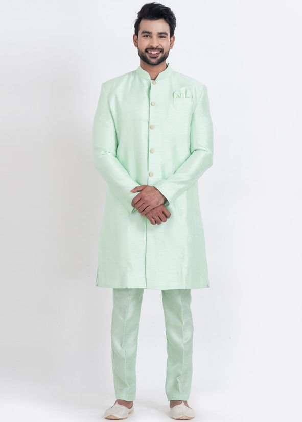 Turquoise Men Plain Indo Western Sherwani